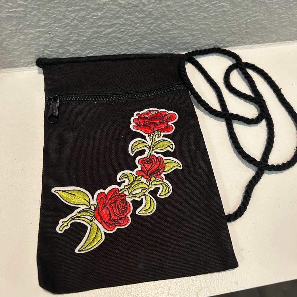 Black Floral Embroidered Crossbody Bag